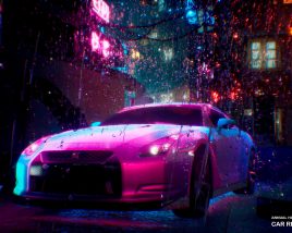Nissan GTR R35 in the rain in the style of Cyberpunk
