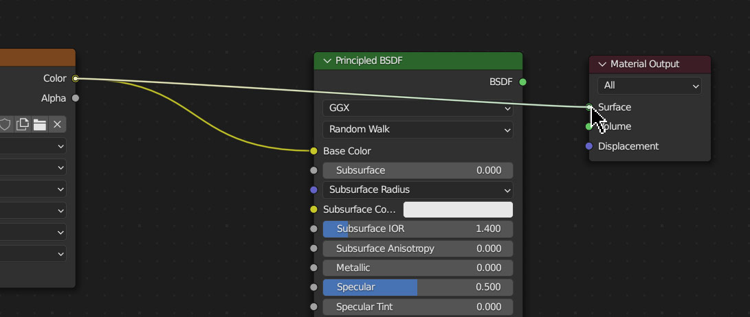 Connecting color channel directly to “Material Output”