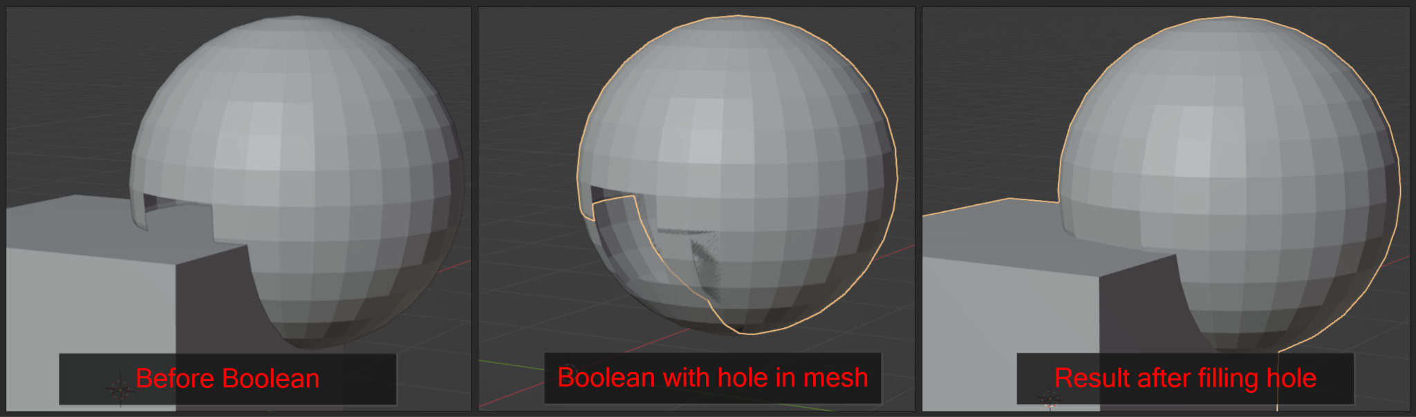 Union Boolean operation with a hole in mesh and after fixing hole