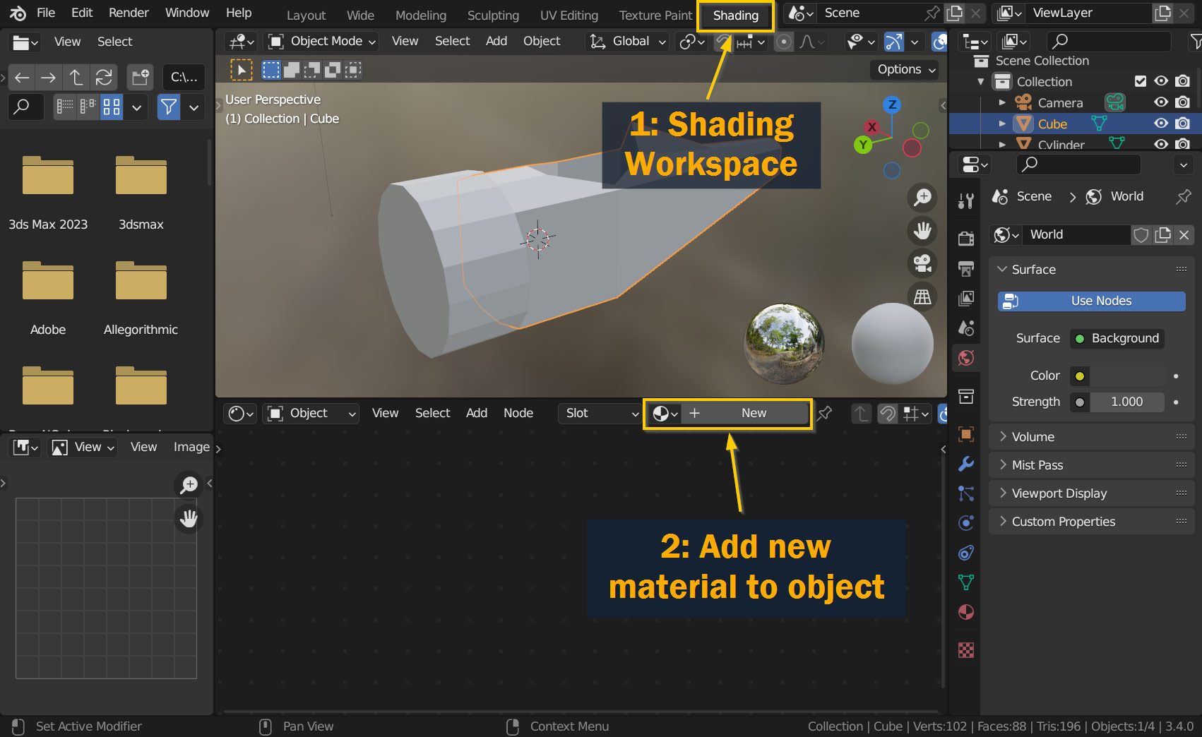 Opening the Shading workspace and creating a new material