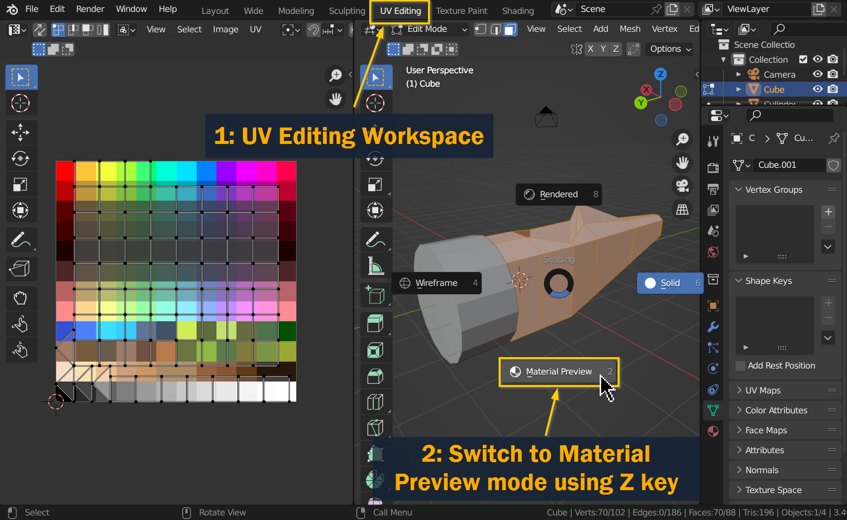 Entering the UV Editing workspace and switching to Material Preview mode