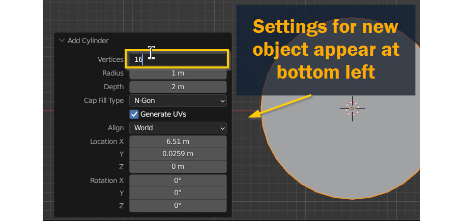 settings for new object
