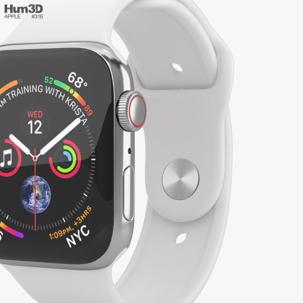 Apple Watch Series 4 44mm Stainless Steel Case with White Sport Band 3Dモデル  ダウンロード