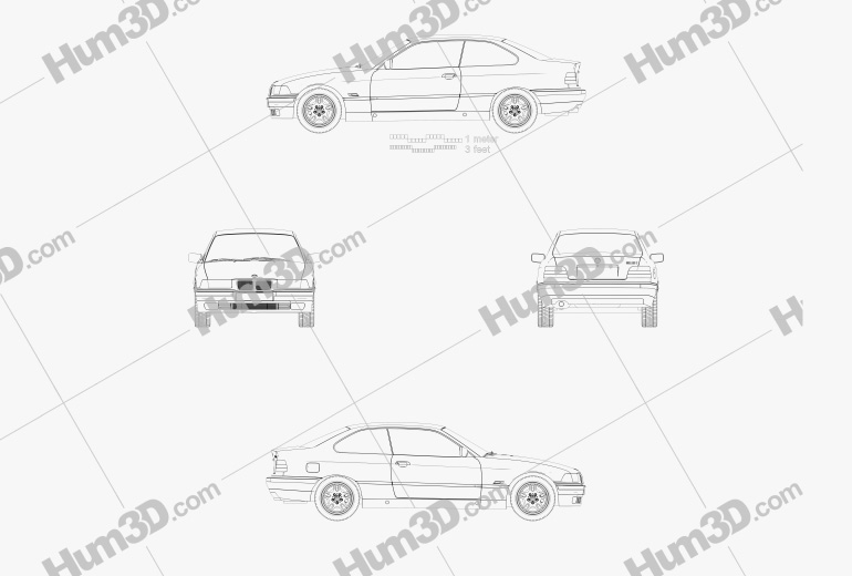 BMW 3 Series (E36) 쿠페 1994 테크니컬 드로잉