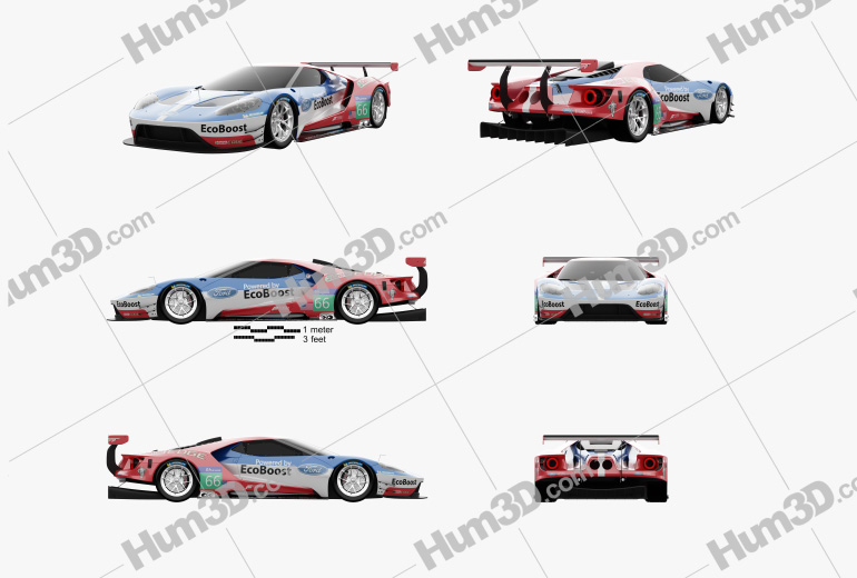 Ford GT Le Mans Race Car 2016 Blueprint Template - 3DModels.org