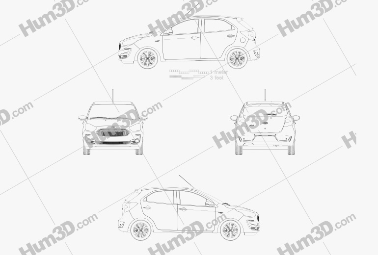 Ford Ka plus Ultimate 해치백 2019 테크니컬 드로잉