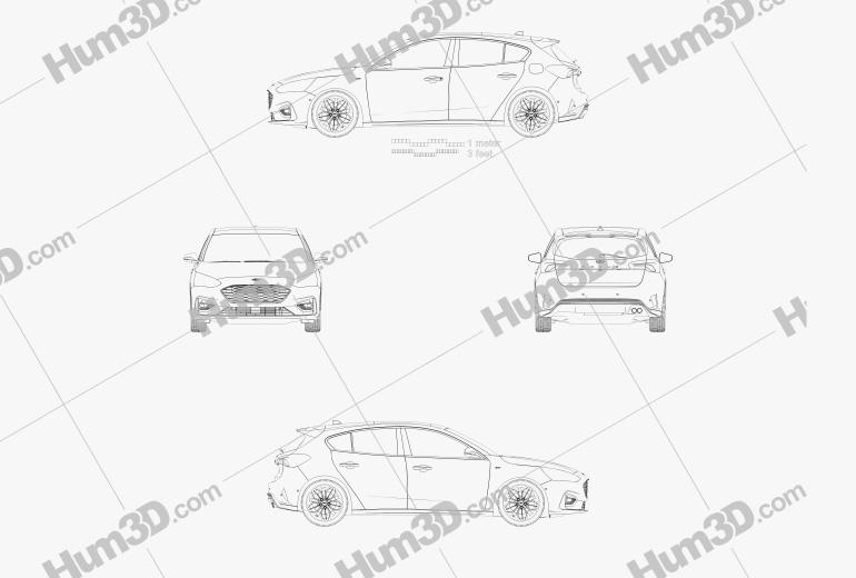 Ford Focus ST-Line 해치백 2018 테크니컬 드로잉