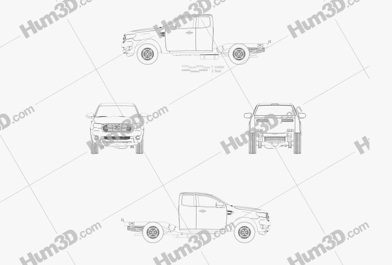 Ford Ranger Super Cab Chassis XL 2018 Disegno Tecnico