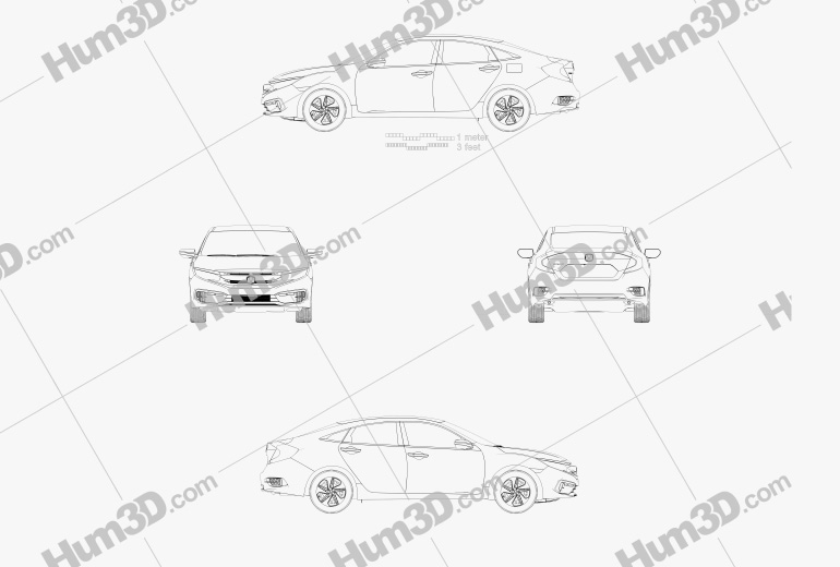 Honda Civic LX 세단 2019 테크니컬 드로잉