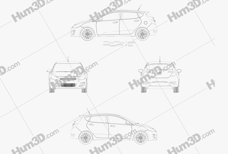Hyundai Accent (i25) 해치백 2012 테크니컬 드로잉
