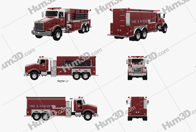 Kenworth T800 Fire Truck 3-axle 2016 Blueprint Template