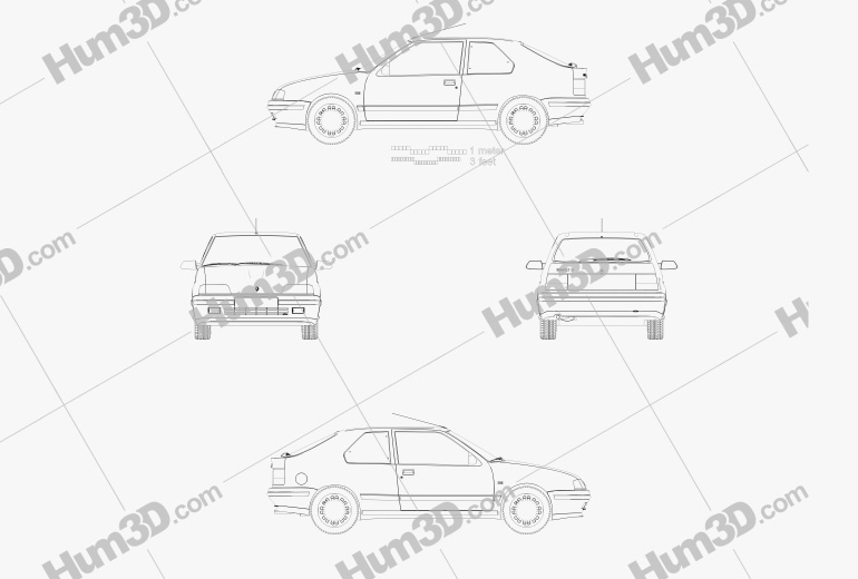 Renault 19 3 porte hatchback 1988 Disegno Tecnico
