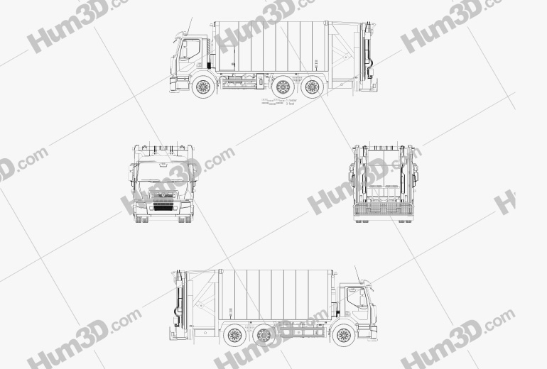 Renault D Wide Rolloffcon Garbage Truck 2016 Blueprint