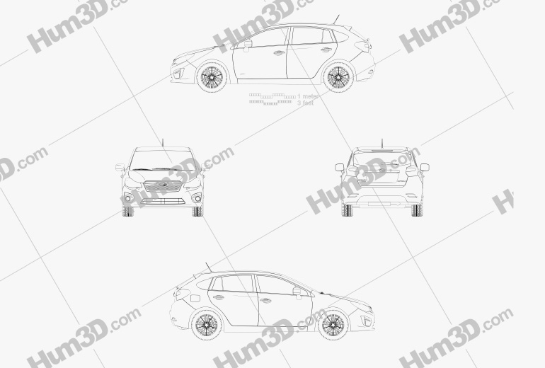 Subaru Impreza 해치백 2012 테크니컬 드로잉
