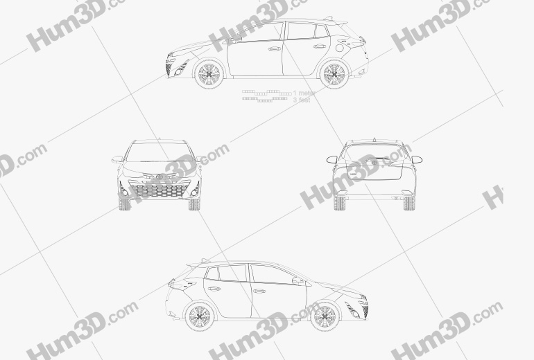 Toyota Yaris TH-spec 해치백 2018 테크니컬 드로잉