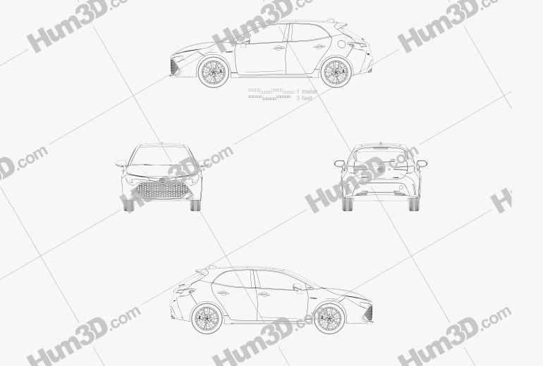 Toyota Corolla 해치백 하이브리드 2018 테크니컬 드로잉