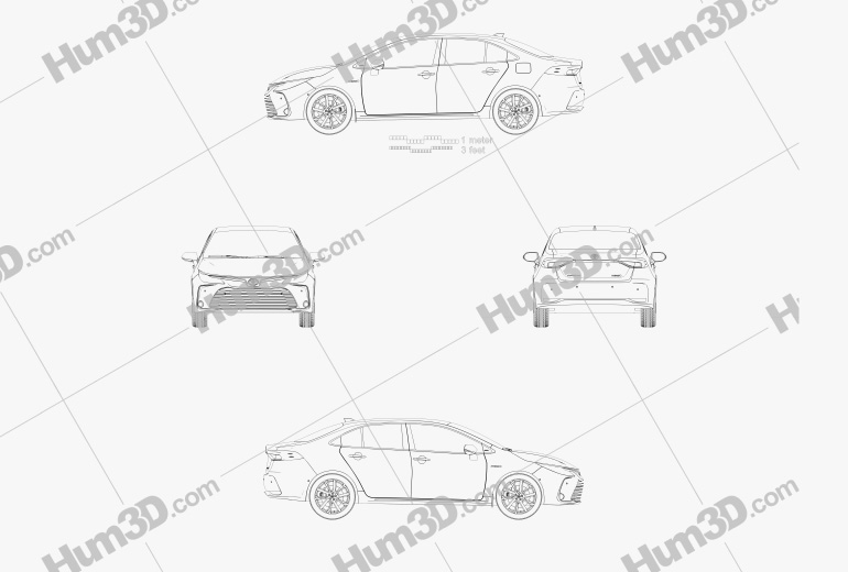 Toyota Corolla 하이브리드 세단 2019 테크니컬 드로잉