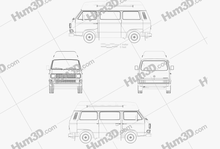 Volkswagen Transporter (T3) Passenger Van High Roof 1980 Blueprint