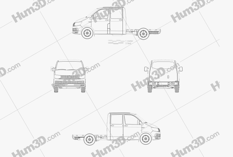 Volkswagen Transporter (T6) Cabina Doppia Chassis 2019 Blueprint