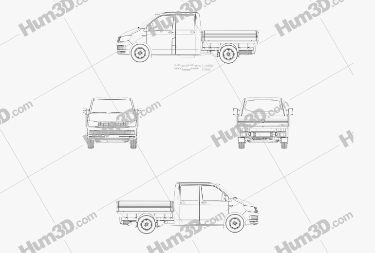 Volkswagen Transporter (T6) ダブルキャブ Pickup 2019 ブループリント