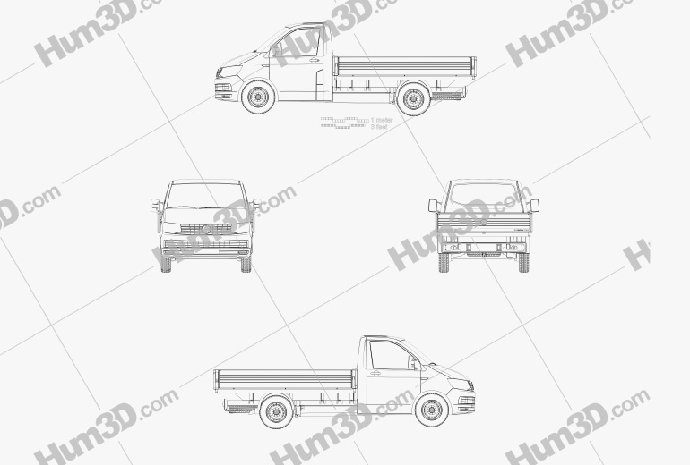 Volkswagen Transporter (T6) Cabina Singola Pickup L2 2019 Blueprint