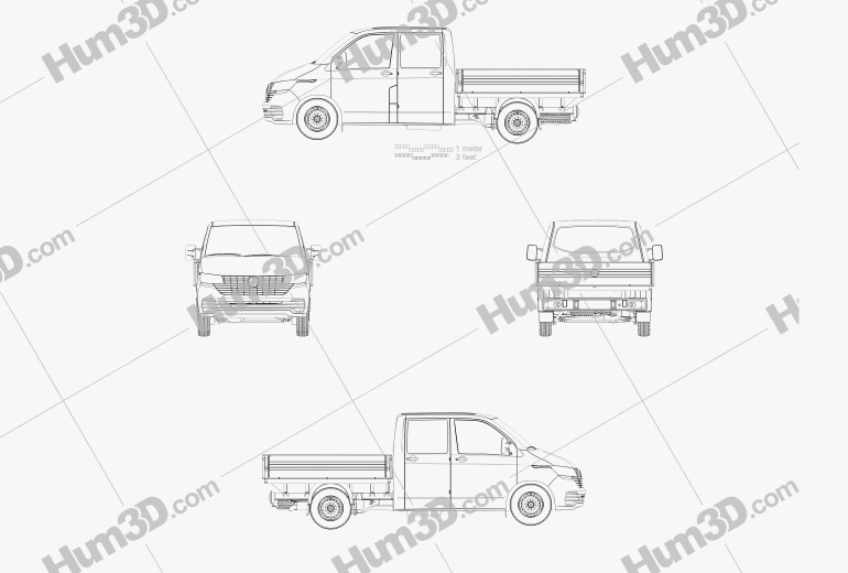 Volkswagen Transporter Cabina Doppia Pickup 2019 Disegno Tecnico