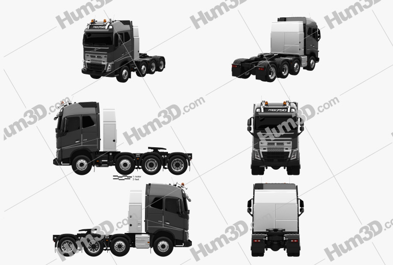 Volvo FH 750 Globetrotter Cab Tractor Truck 4-axle 2017 Blueprint Template