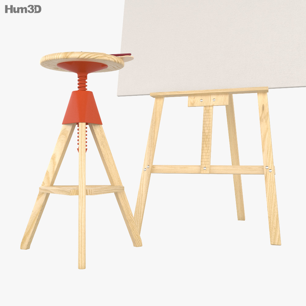 Wooden easel and painting 3D model